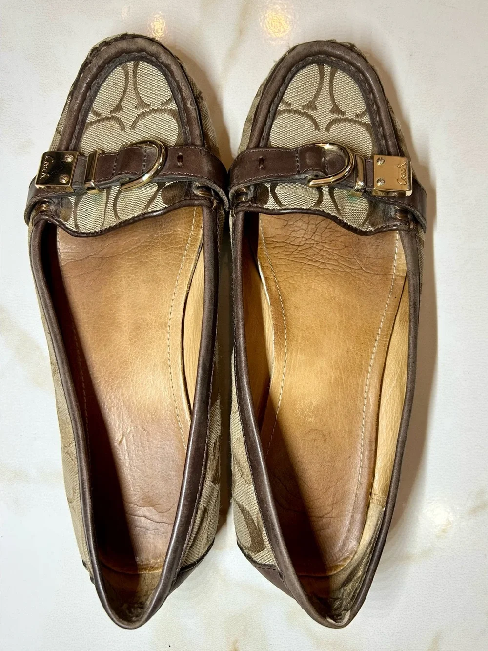 Coach Brown Logo Canvas Leather-Trim Loafers with Buckle Detail